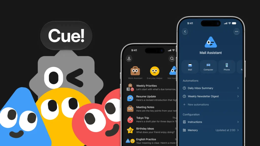 Manus Cue personal AI agent app interface showing agent assistants
