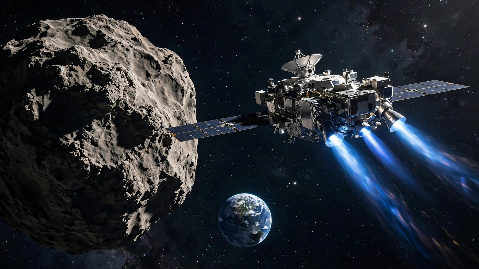 Concept illustration of AstroForge's Solo autonomous AI control system guiding a spacecraft in deep space