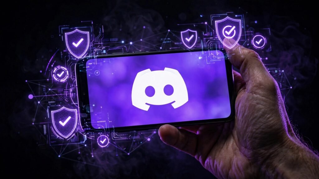 Close-up of a smartphone showing the Discord app icon against a blurred neon background