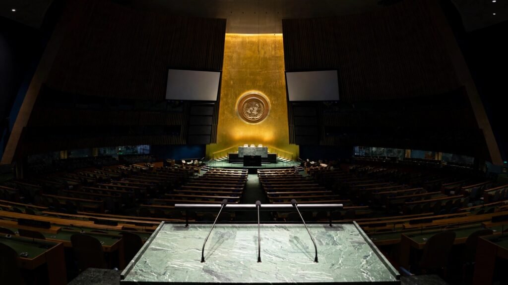 The UN General Assembly hall and speaker's podium in New York during the 81st general debate