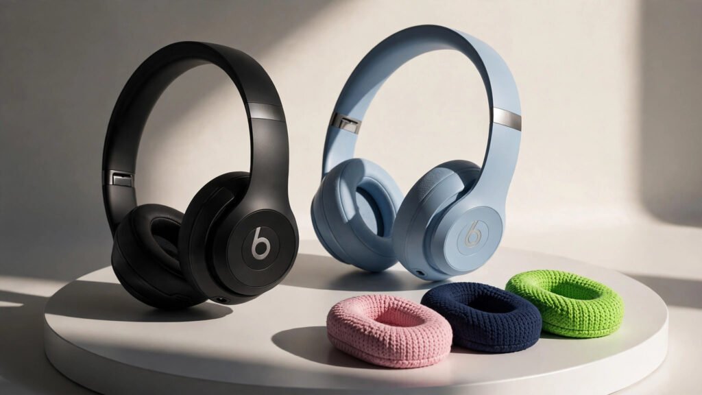 Premium Beats 360 over-ear wireless headphones in black and sky blue with swappable ear cushions displayed on a bright studio pedestal