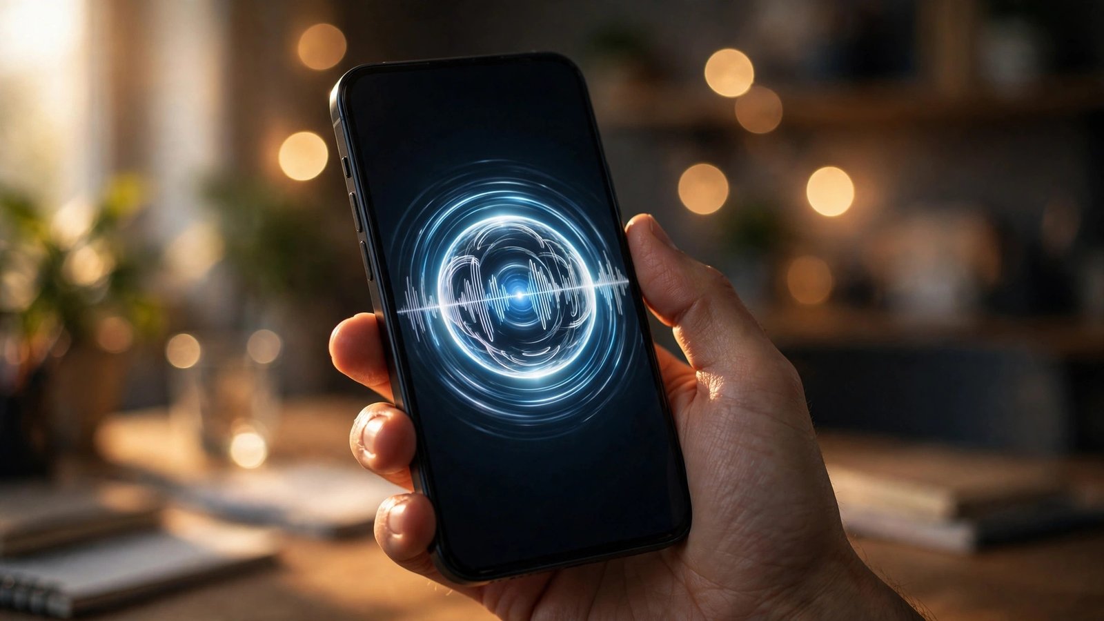 Hand holding a smartphone displaying the ChatGPT voice mode interface with a glowing white-and-blue waveform orb, blurred office in the background