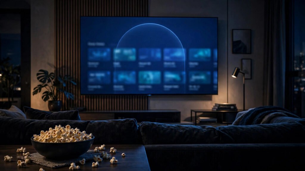 A modern living room at night with a large flat-screen TV glowing blue, showing a streaming service interface