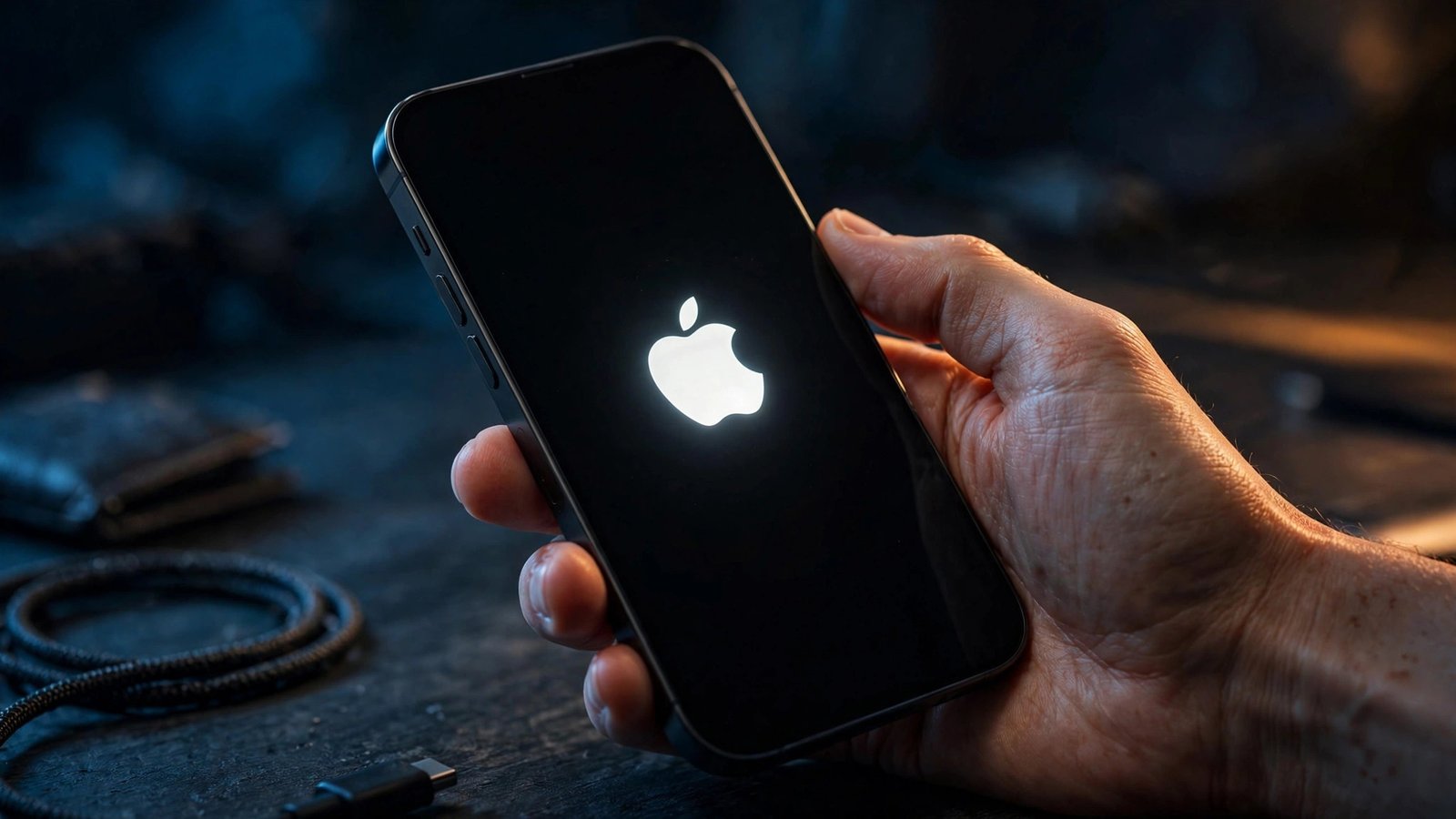 Close-up of an iPhone 18 Pro on a desk mid-reboot, glowing Apple logo on the dark screen, hands holding the device