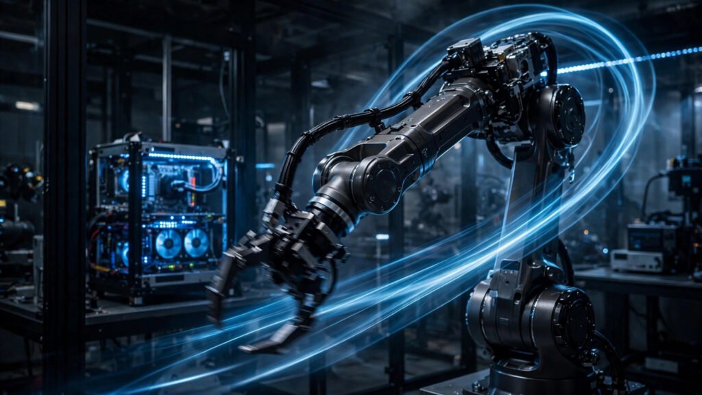 Industrial robotic arm in a modern lab, motion trails showing smooth planned movements, evoking Qualcomm Dragonwing edge AI running open-source MoveIt software