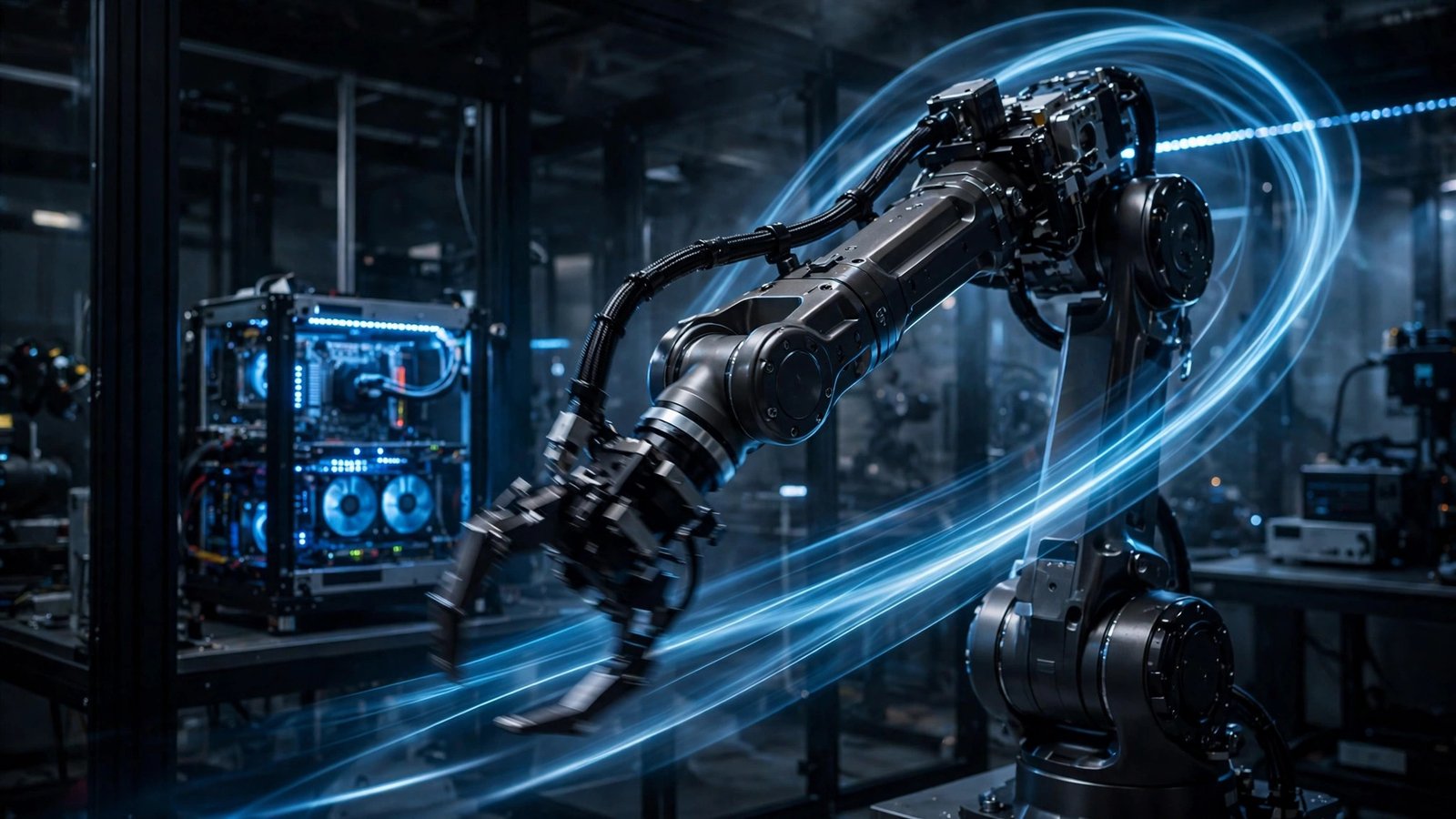 Industrial robotic arm in a modern lab, motion trails showing smooth planned movements, evoking Qualcomm Dragonwing edge AI running open-source MoveIt software