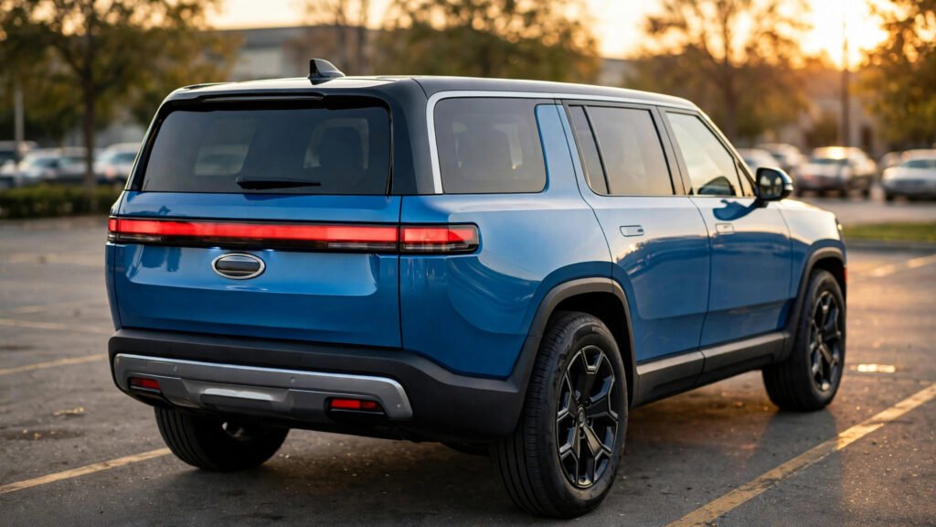 A blue Rivian R2 midsize electric SUV photographed from a rear three-quarter angle in a parking lot, showing its full-width horizontal rear light bar