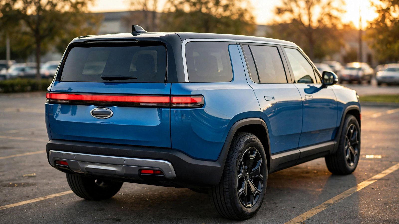 A blue Rivian R2 midsize electric SUV photographed from a rear three-quarter angle in a parking lot, showing its full-width horizontal rear light bar
