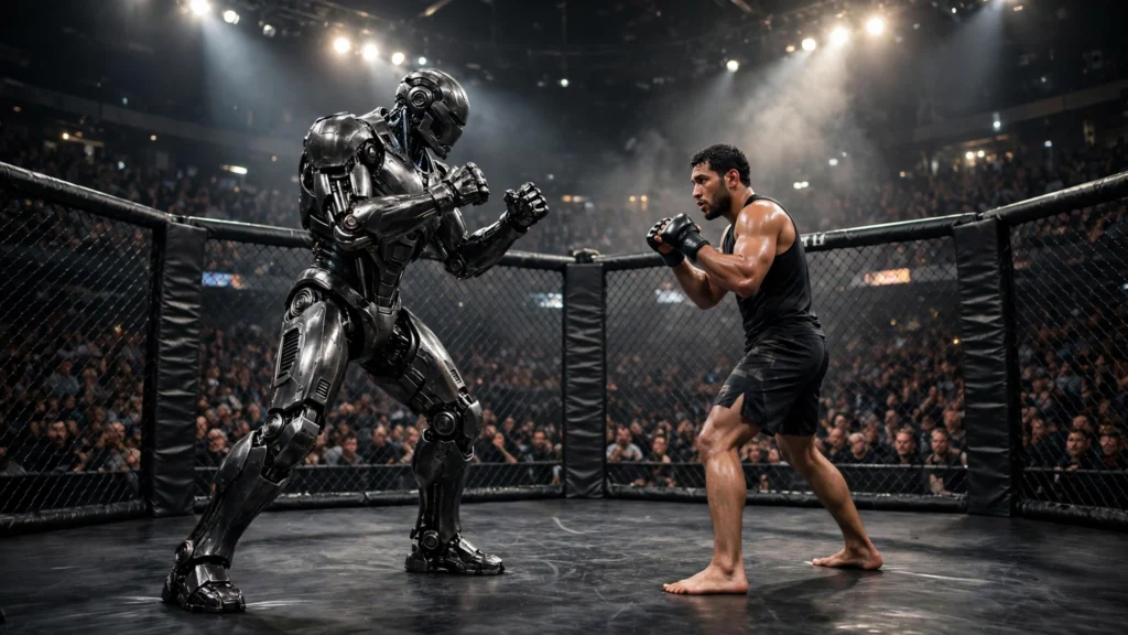 Humanoid robot facing a fighter in an MMA cage