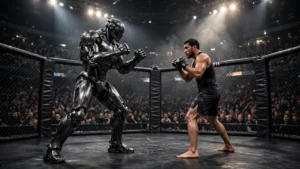 Humanoid robot facing a fighter in an MMA cage