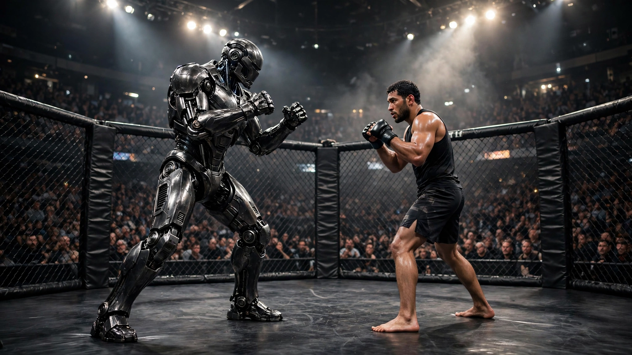 Humanoid robot facing a fighter in an MMA cage