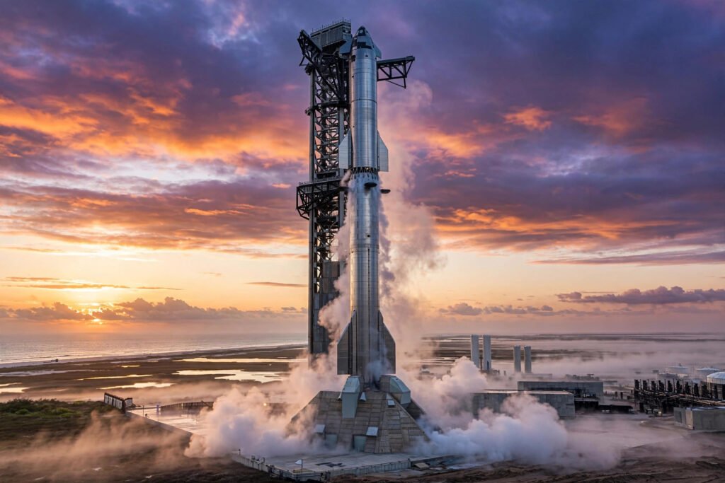 SpaceX Starship fully stacked on the launch pad at Starbase, Texas, at sunrise, with vapor billowing around the silver stainless-steel rocket