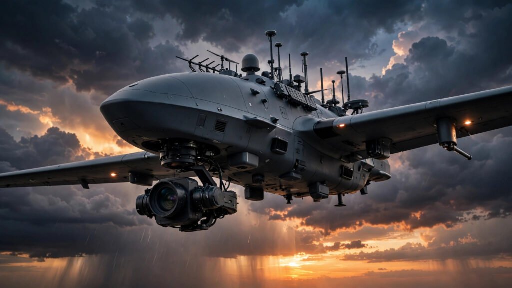 A large AI-powered surveillance drone flying at dusk, with its sensor array and camera gimbal visible against a dramatic sky