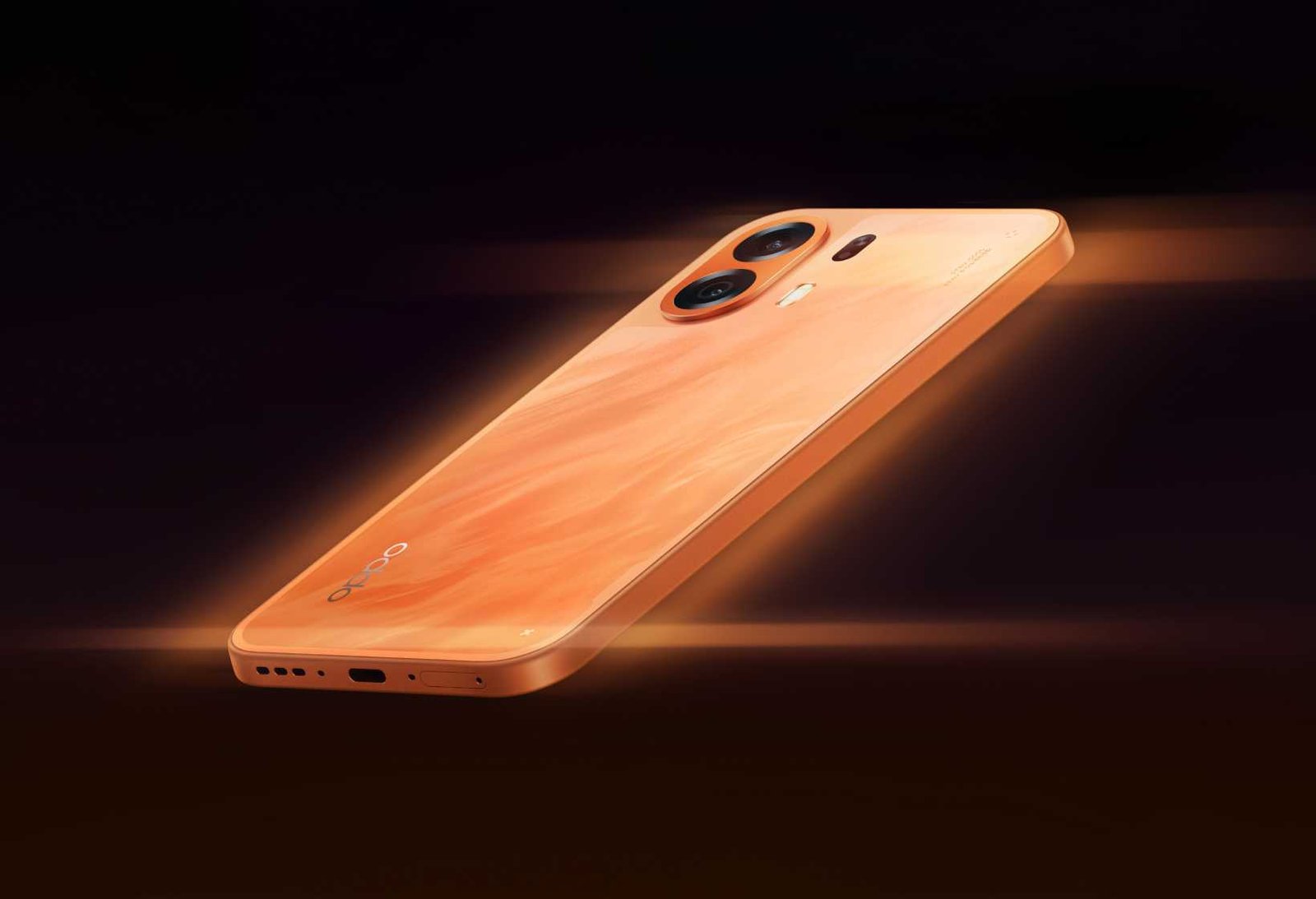 OPPO K14 Plus smartphone in orange, rear view showing dual cameras