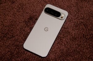 Back of a Google Pixel 9 Pro XL smartphone showing the camera bar and G logo