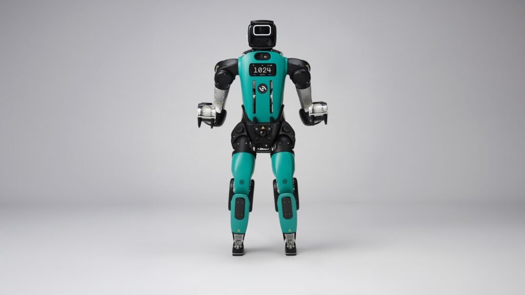 Agility Robotics' Digit 5 humanoid robot standing against a gray backdrop