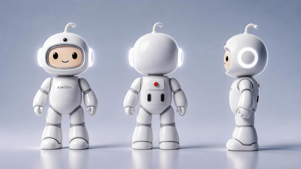 Three views of the white AiMOGA Mobo home companion robot on a studio background