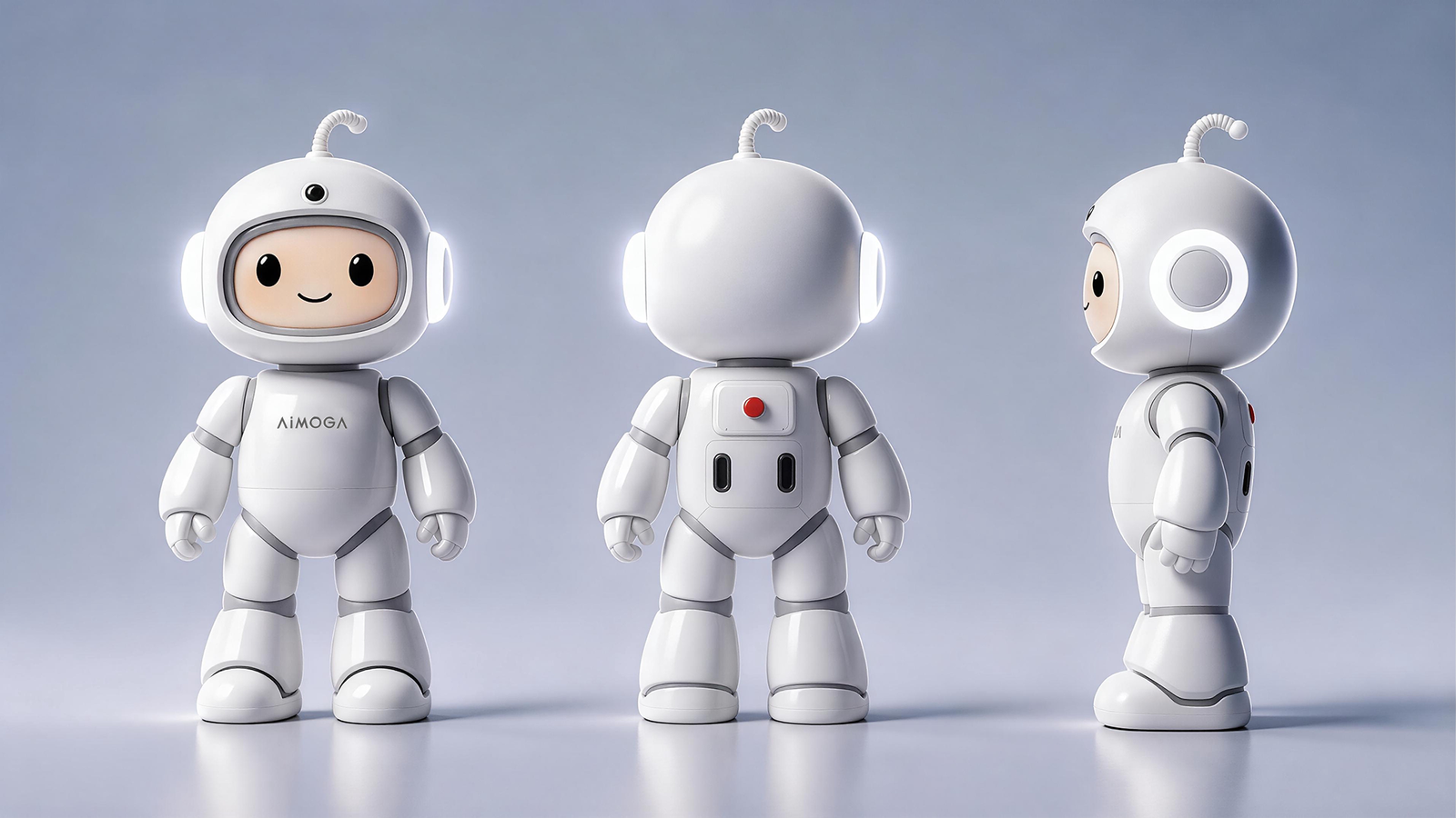 Three views of the white AiMOGA Mobo home companion robot on a studio background