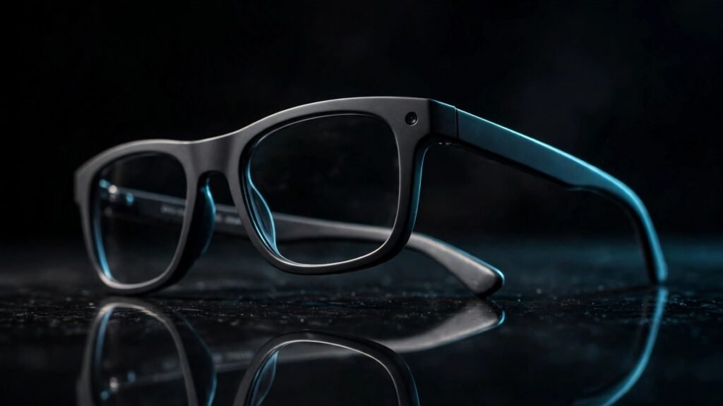Black AI smart glasses with built-in camera on dark background