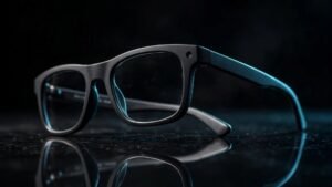 Black AI smart glasses with built-in camera on dark background