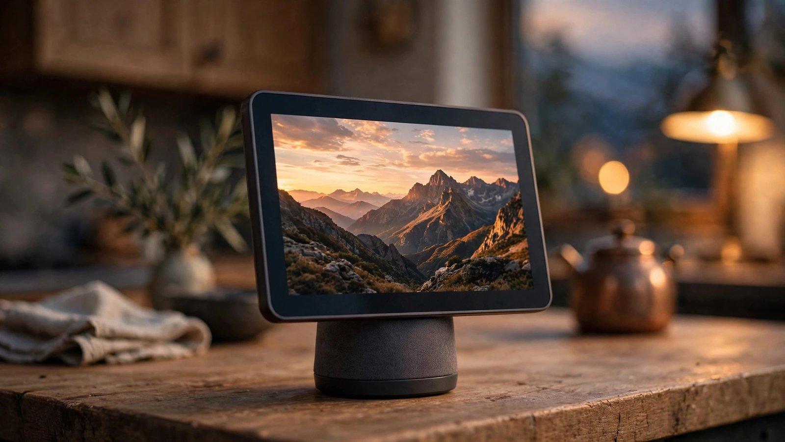 A smart home display showing a photo slideshow on a kitchen counter in warm evening light