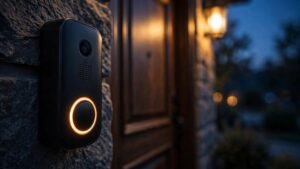 A black video doorbell with a glowing orange button ring mounted on a stone wall beside a wooden front door at dusk, warm porch light glowing in the background