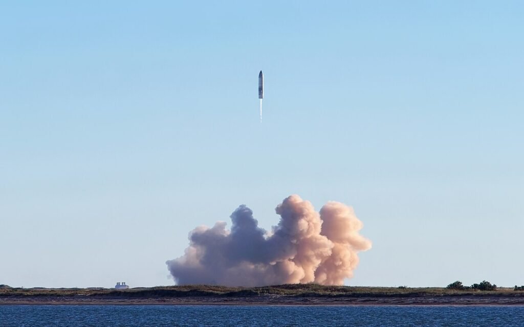 SpaceX's stainless-steel Starship prototype SN8 ascending during a test flight from Boca Chica, Texas