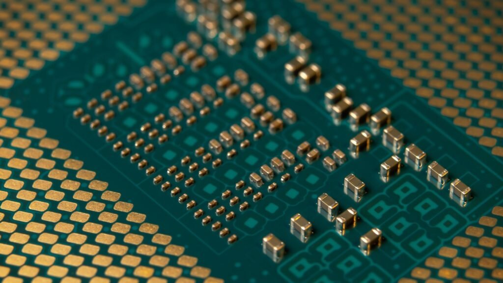Extreme macro photograph of a microprocessor's gold contact pins and circuitry