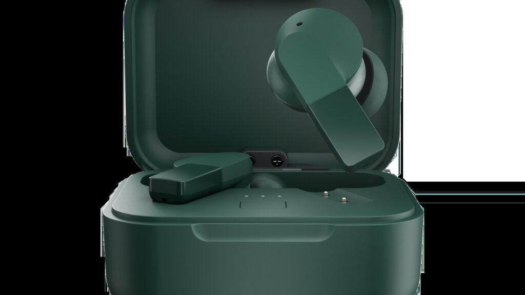 Forest Green Fairphone Fairbuds 2 earbuds with open charging case