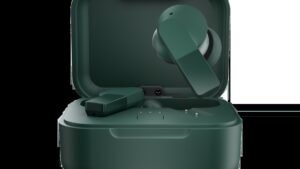 Forest Green Fairphone Fairbuds 2 earbuds with open charging case
