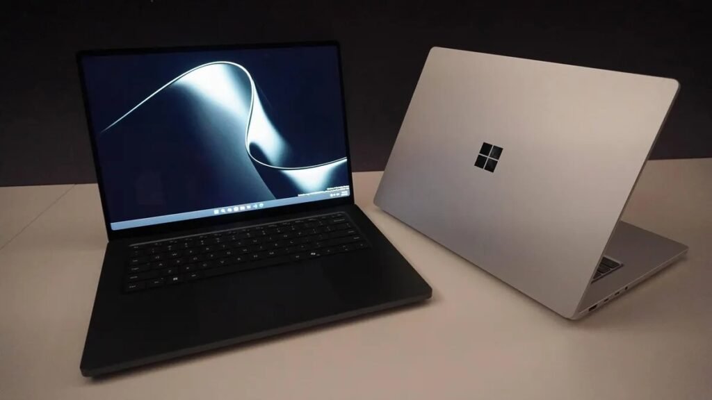 Two Microsoft Surface Laptop Ultra laptops side by side, one open showing the Windows 11 desktop and one showing the Windows logo on the lid