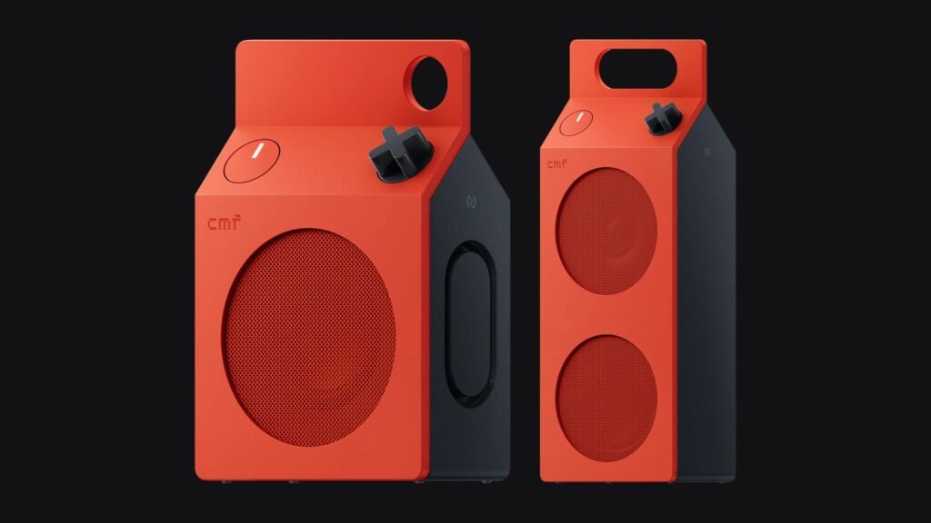Orange CMF Speaker S and Speaker M milk-carton Bluetooth speakers side by side
