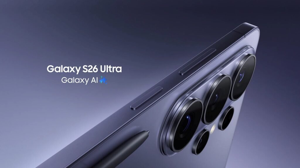 Close-up of the Samsung Galaxy S26 Ultra's camera module in Cobalt Violet against a dark background