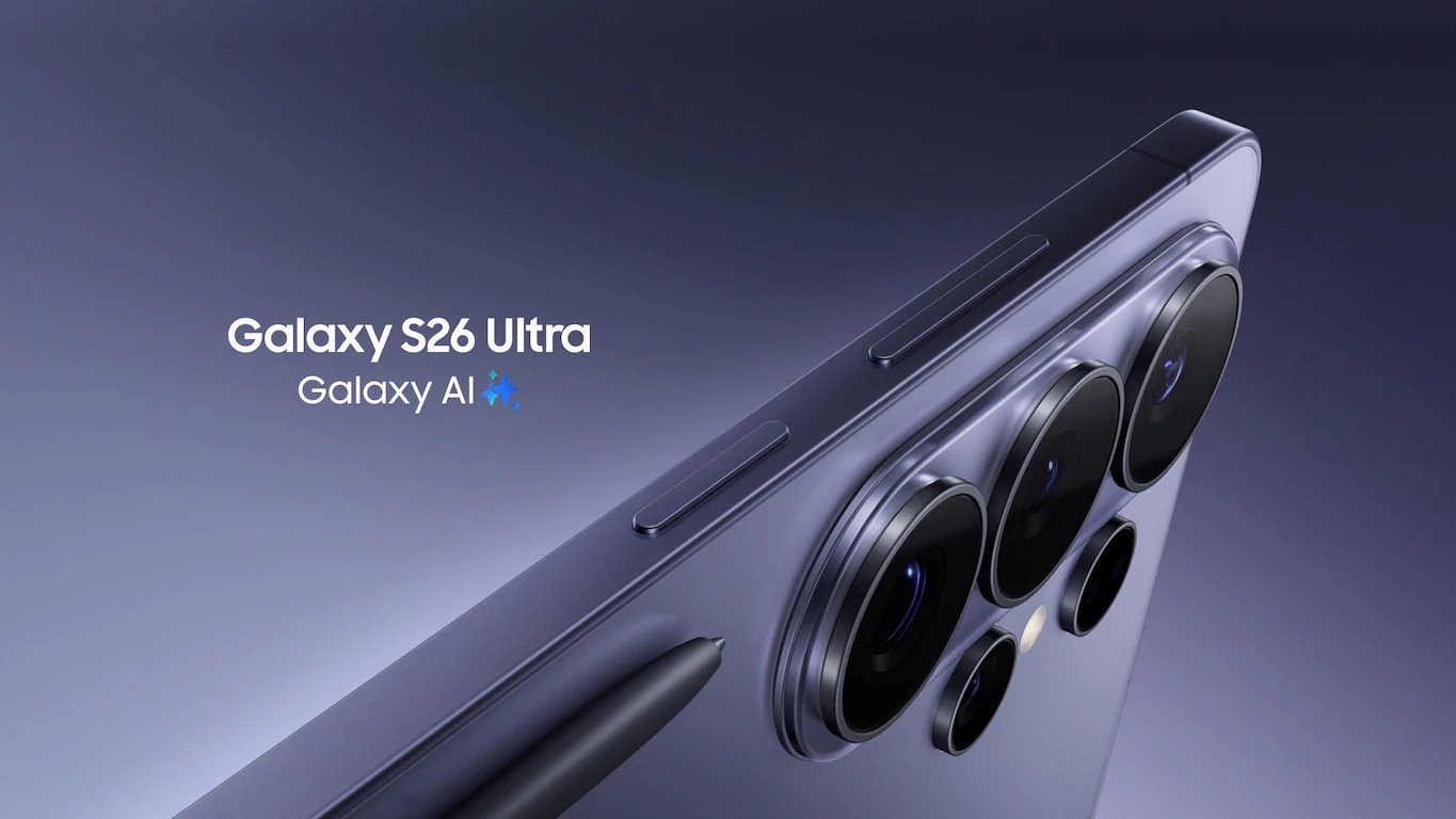 Close-up of the Samsung Galaxy S26 Ultra's camera module in Cobalt Violet against a dark background
