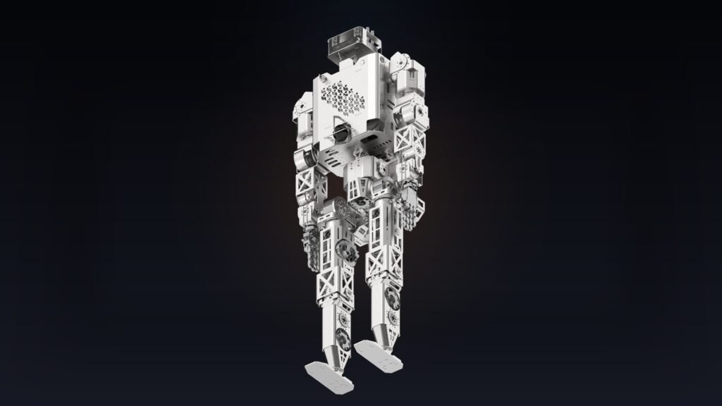 Minerva Humanoids' Roger, a skeletal industrial humanoid robot, shown full-body against a dark background.
