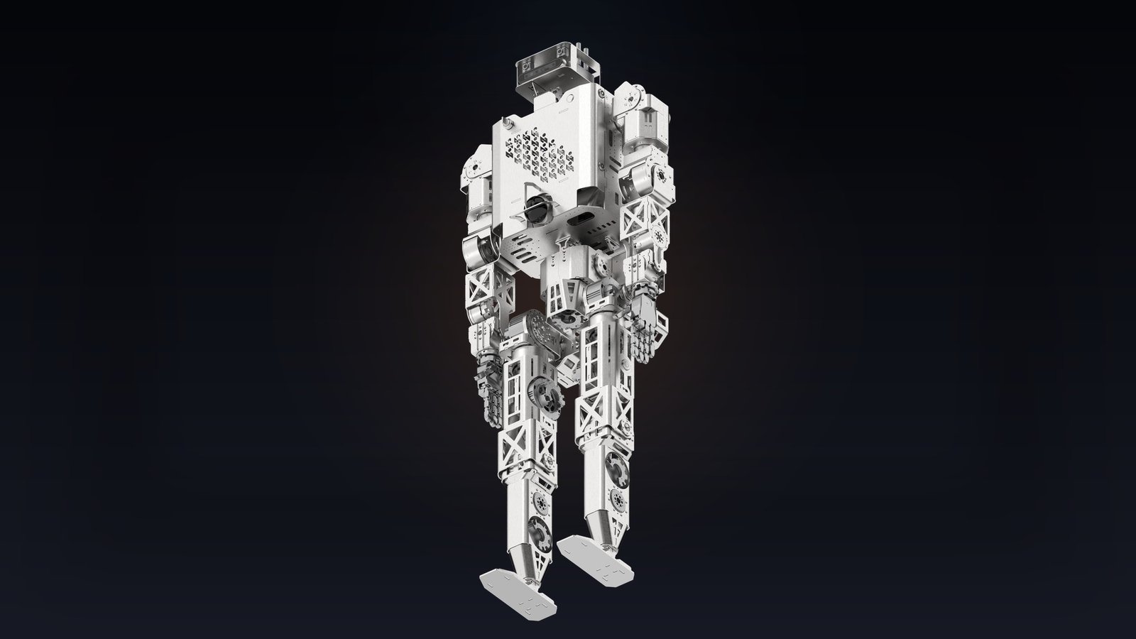 Minerva Humanoids' Roger, a skeletal industrial humanoid robot, shown full-body against a dark background.