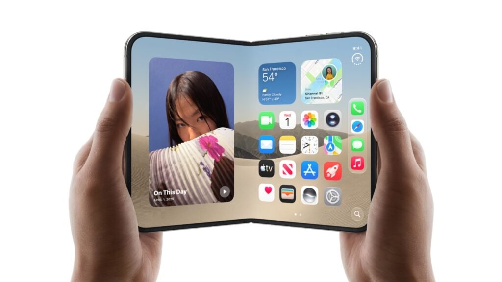 A hand opening the unfolded iPhone Duo, showing its large inner display with the iOS Home Screen