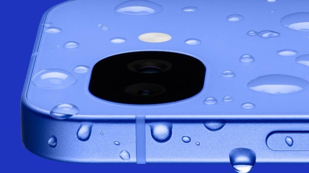 Close-up of the lavender Google Pixel 10a with water droplets on its camera module