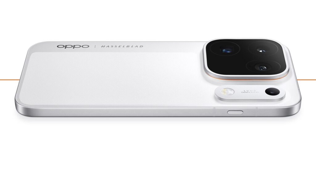 Close-up of the OPPO Find X10 Pro Max in white showing the triple-200MP LUMO camera island with Hasselblad branding