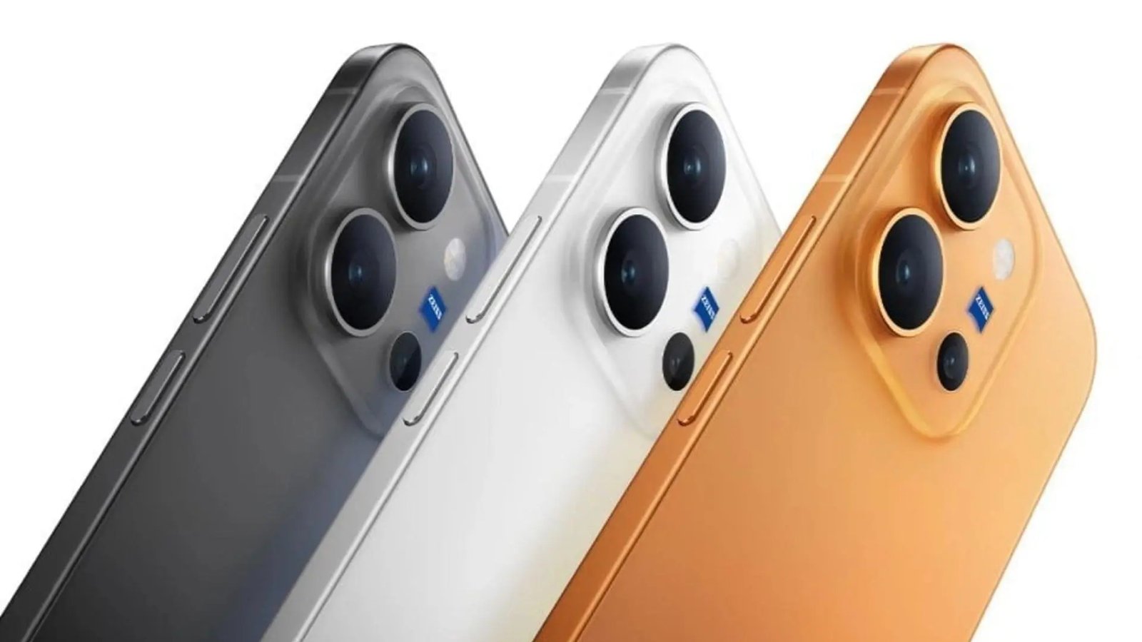 Official render of the vivo X300 E in three colors showing its ZEISS triple camera module