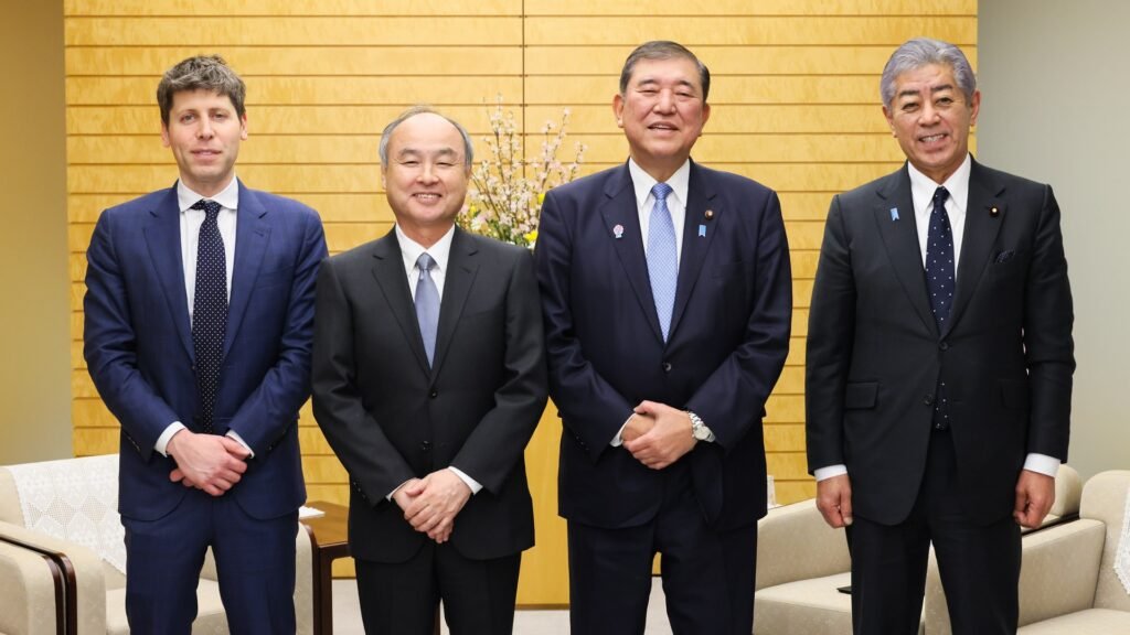 OpenAI CEO Sam Altman (left) and SoftBank's Masayoshi Son at a meeting at Japan's prime minister's residence in February 2025