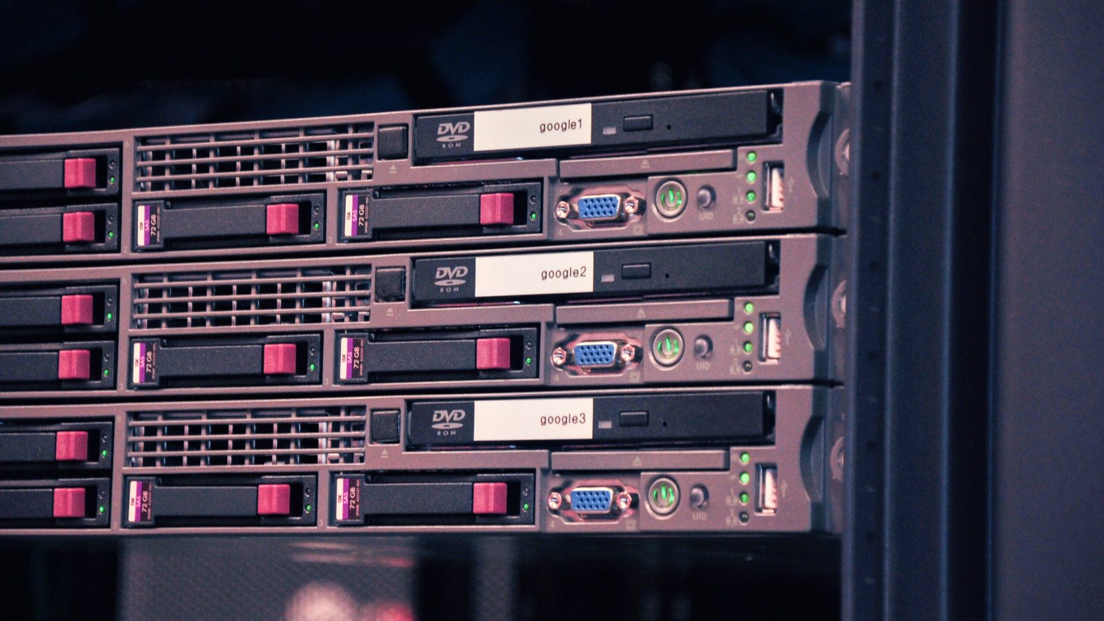 Close-up of server racks labeled Google inside a data center