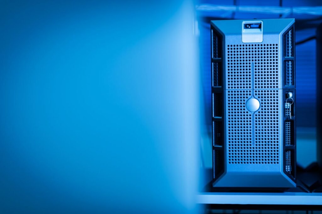 Modern server unit in a blue-lit data centre