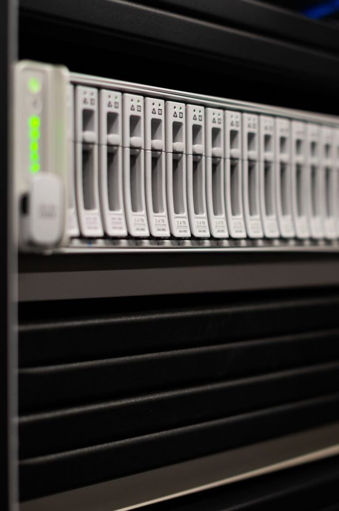 Close-up of server rack units with indicator lights in a data center