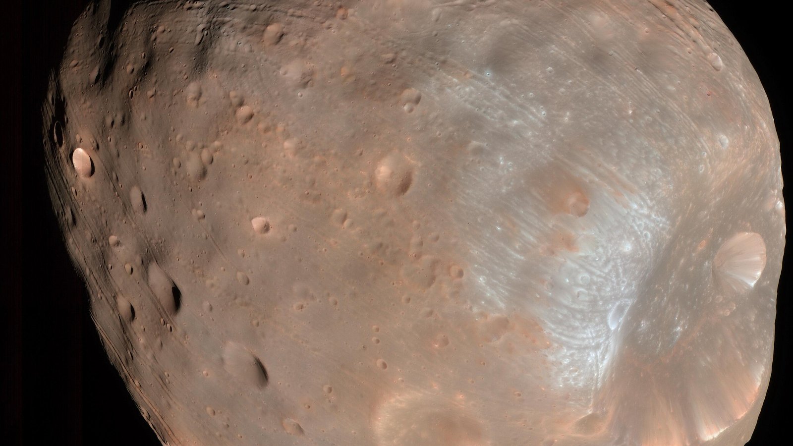 Phobos, Mars' cratered largest moon, in a color image from NASA's Mars Reconnaissance Orbiter