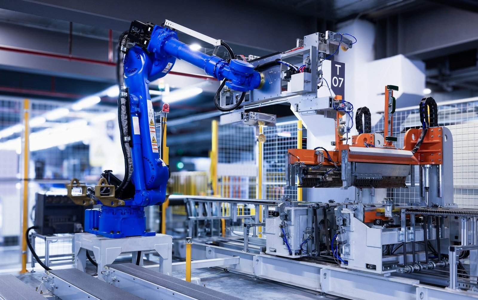 A blue articulated industrial robotic arm working inside a modern factory automation cell