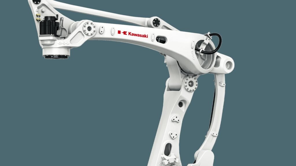 Kawasaki CP110L industrial palletizing robot arm with red Kawasaki logo