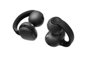 Close-up of Samsung's black Galaxy Buds On clip-on open-ear earbuds