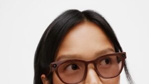 A model wearing Samsung's Warby Parker Intelligent Eyewear smart glasses