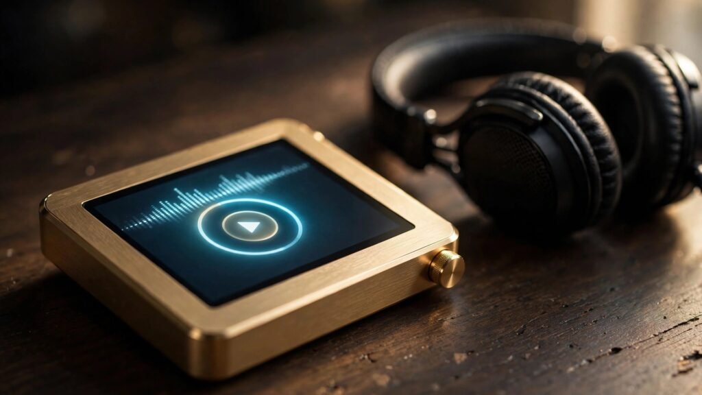 Gold-colored portable digital audio player beside black headphones on a dark desk